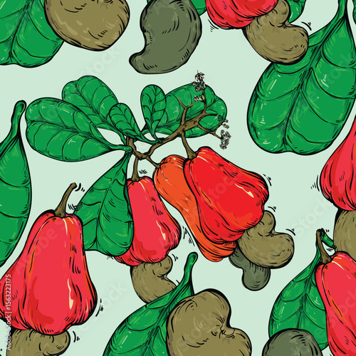 Seamless cashew and cashew nuts pattern. Vector background of cashew fruits. Food texture for packaging or store design.