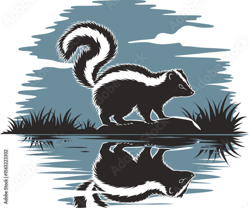 Stylized black and white skunk with bushy tail reflected in water