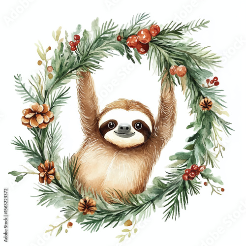 Watercolor Sloth Hanging from Festive Holiday Wreath with Berries and Pinecones