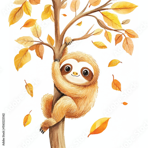 Watercolor Sloth Hanging on Autumn Tree Branch with Falling Leaves