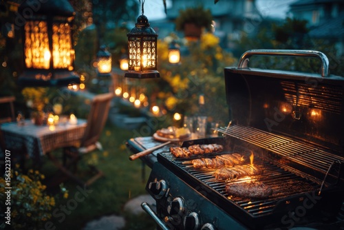 Backyard BBQ with Grilled Chicken and Lanterns