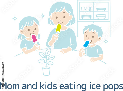 アイスキャンディーを食べるママと子供たち（主線なし）
Mom and kids eating popsicles (no main lines)
