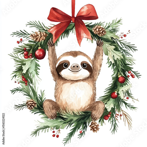 Watercolor Sloth Hanging on Festive Christmas Wreath with Red Bow