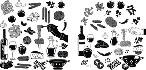 Monochrome illustration with different pasta types, wine, olive oil, and various food ingredients