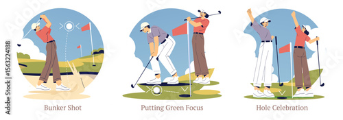 Golf Actions: Bunker Shot, Putting, and Celebration Vector