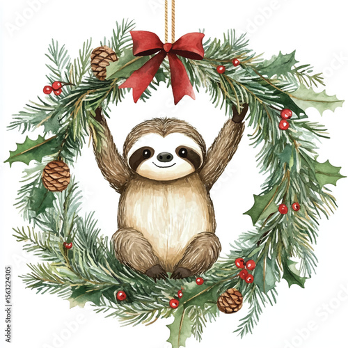 Watercolor Sloth Hanging on Festive Holiday Wreath with Red Bow
