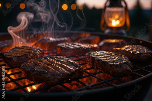 Closeup of Grilled Steaks with Lantern at Twilight