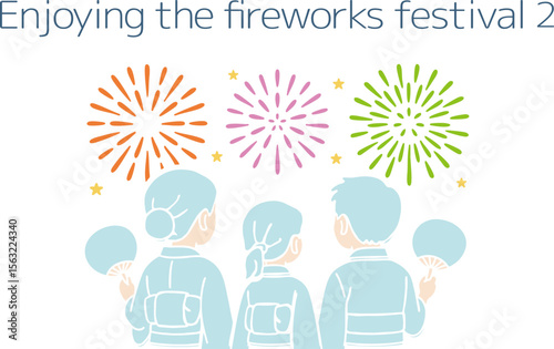 花火大会を楽しむ家族の後ろ姿（主線なし）
Back view of a family enjoying a fireworks display (no main line)