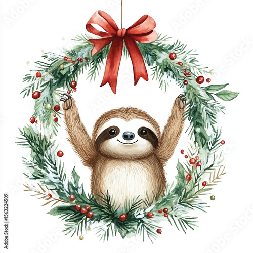 Watercolor Sloth Hugging a Festive Christmas Wreath with Red Bow