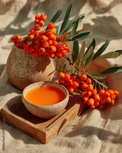 Sea Buckthorn Berries and Juice in Rustic Pottery on a Wooden Tray with Linen Fabric in Warm Sunlight