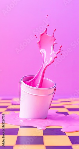 A vibrant pink paint splash erupting from a tipped white paint can on a checkered floor