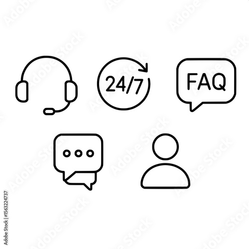 "A set of minimal line-style web icons representing customer service and online support, including headset, 24/7 service, FAQ, live chat, and user profile icons. Thin stroke, editable vector, monochro