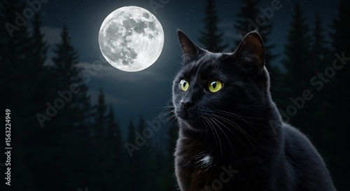 Zwarte kat kijkt mysterieus maanlicht bosnacht aan. AI Generated