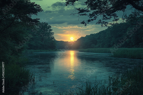 Beautiful sunrise over a river surrounded by dense bushes along the banks.