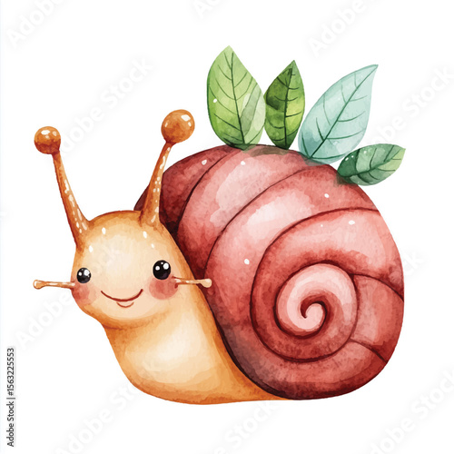 Watercolor Snail with Leaves Smiling and Adorable Artistic Illustration