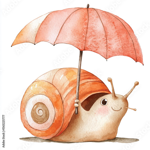 Watercolor Snail with Pink Umbrella Smiling and Ready for Rain