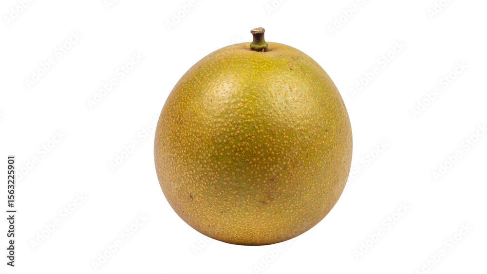 Fototapeta premium Shiny red and gold Christmas bauble with a fresh pear isolated on a white background