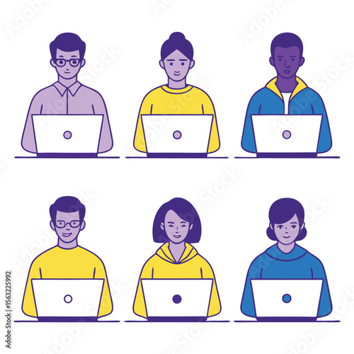 Diverse team working on laptops remotely online