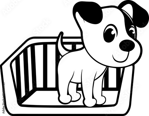 Cute cartoon dog sitting in a box, SVG with clean lines.Cute Puppy in Crate Illustration for Children’s Content