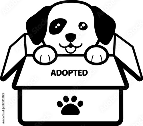 Cute cartoon dog sitting in a box, SVG with clean lines.Cute Puppy in Box with Adopted Sign for Animal Rescue