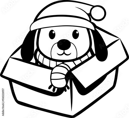 Cute cartoon dog sitting in a box, SVG with clean lines.Cute Cartoon Dog in Winter Hat inside a Holiday Box