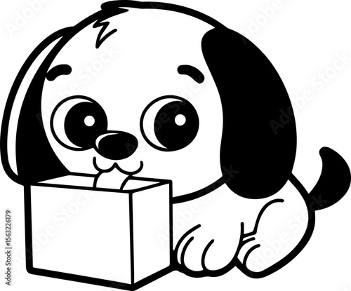 Cute cartoon dog sitting in a box, SVG with clean lines.Cute Cartoon Puppy with a Box and Adorable Expression