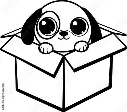 Cute cartoon dog sitting in a box, SVG with clean lines.Cute Puppy Peeking Out of a Cardboard Box Illustration