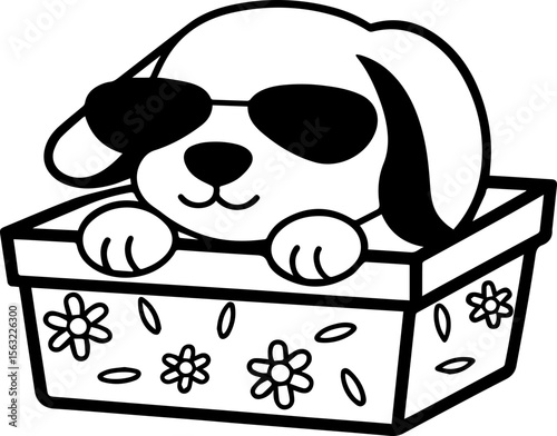 Cute cartoon dog sitting in a box, SVG with clean lines.Cute Cartoon Dog in Sunglasses Relaxing in a Basket