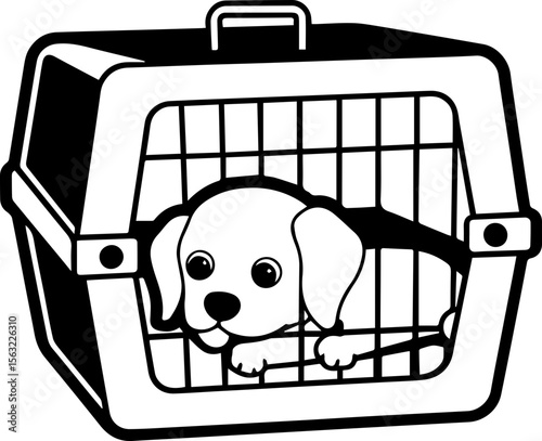 Cute cartoon dog sitting in a box, SVG with clean lines.Cute Puppy Inside a Pet Carrier Waiting for Adventure