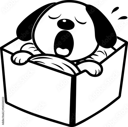 Cute cartoon dog sitting in a box, SVG with clean lines.Cute Dog Yawning in a Box with Blanket Illustration