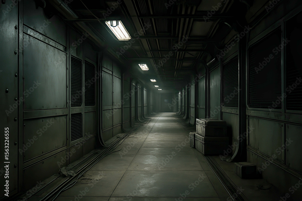 Obraz premium Dark industrial corridor with metal walls, exposed cables along the floor, overhead fluorescent lights, stacked crates, eerie abandoned atmosphere, perfect for sci fi bunker