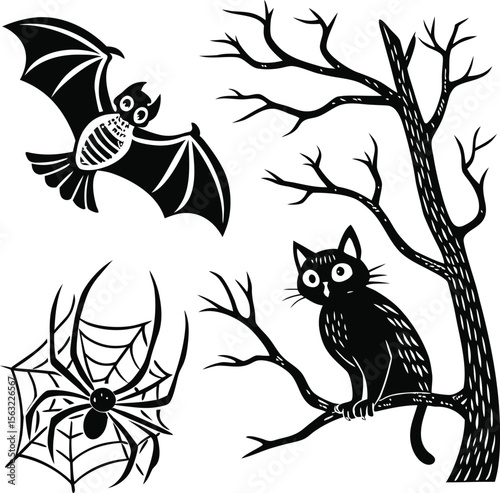 Group of Cute Owls Sitting on Tree in Cartoon Style