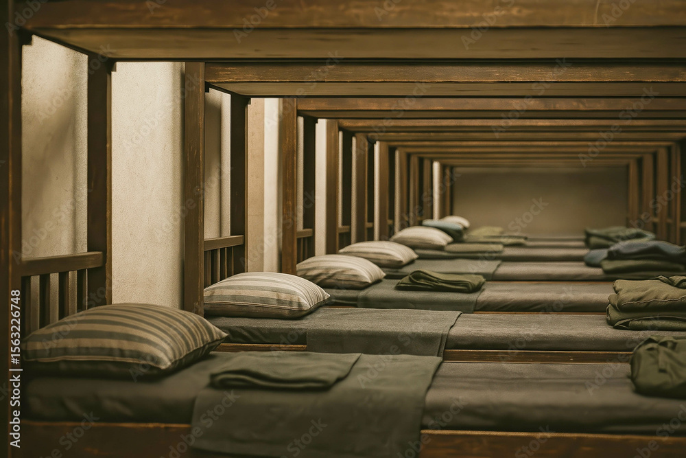 Obraz premium Neat row of wooden bunk beds with folded blankets and striped pillows in a simple dormitory, minimal warm interior perfect for shelter, hostel or military barracks atmosphere.