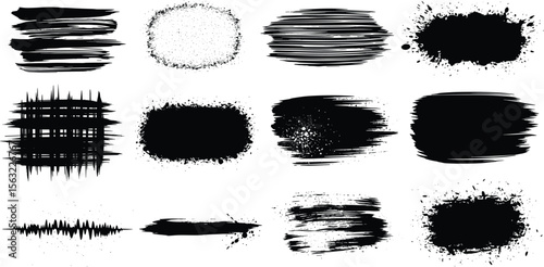 Ink stencil brush strokes and grunge lines with paint splashes drawn in a rectangular shaped composition for text, callouts. Brush strokes in dirty style with drops blots. 