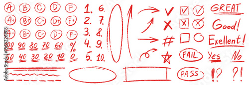 Exam grade test red pen mark set. Crayon school test results different hand drawn signs. Teacher scores of student homework. Vector handwritten scribble marker academic symbols on white background