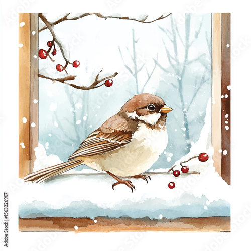Watercolor Sparrow Perched on Snowy Windowsill