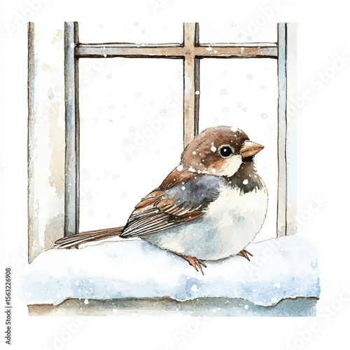 Watercolor Sparrow Perched on Snowy Windowsill in Winter