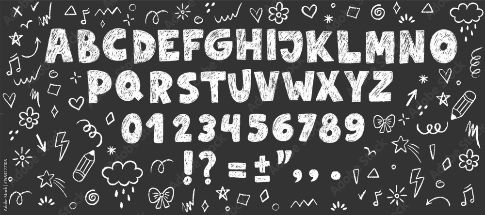 Crayon kids font, doodle funny playful alphabet. Hand drawn scribble kid typescript numbers, blobs. School wax abc, cute kindergarten handwriting playful letters. Vector pencil children font