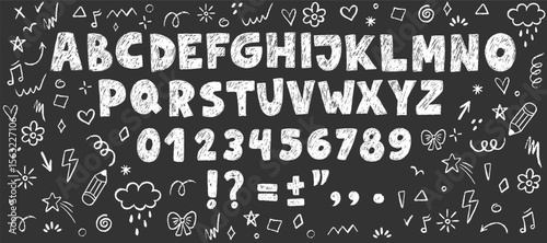 Crayon kids font, doodle funny playful alphabet. Hand drawn scribble kid typescript numbers, blobs. School wax abc, cute kindergarten handwriting playful letters. Vector pencil children font