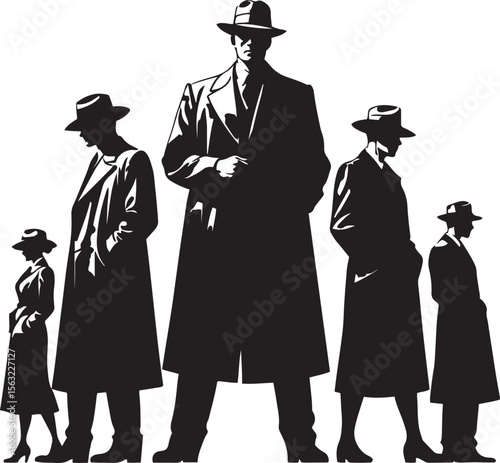 Group of people in fedora hats and trench coats women