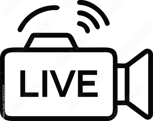 Outline broadcast camera icon with signal symbol and the word live for stream overlay