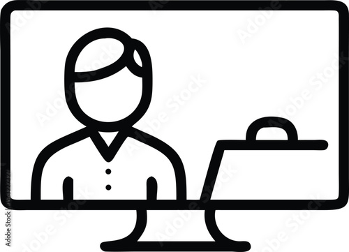 Outline desktop computer display with person and suitcase for conference or remote working symbol
