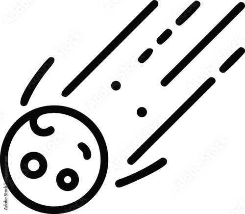 Outline drawing of asteroid with craters and trail in the minimalist style for design projects