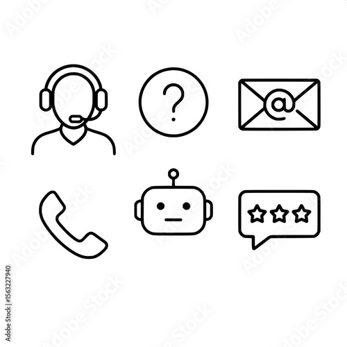 "Line art icons for a customer help center interface, featuring symbols like a headset agent, question mark, email support, phone call, chatbot, and service feedback. Clean and modern, scalable for UI