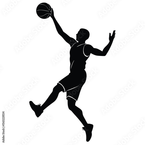 Athletic man playing basketball jumping high reaching ball player athlete