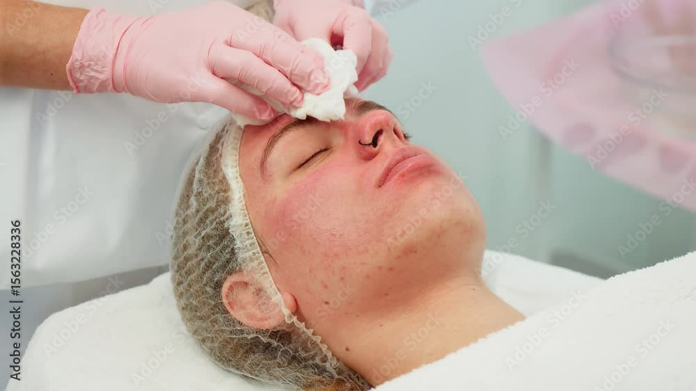 Certified aesthetic specialist treating woman client with precise and gentle care. Gloved hands applying soft cotton pads to soothe and cleanser sensitive skin. Professional focusing on enhancing skin