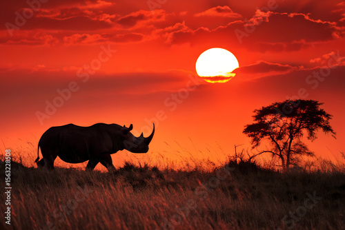 Silhouette of a rhinoceros walking through the African savannah at sunset, framed by fiery red skies and a lone acacia tree, symbolizing strength and survival generative ai