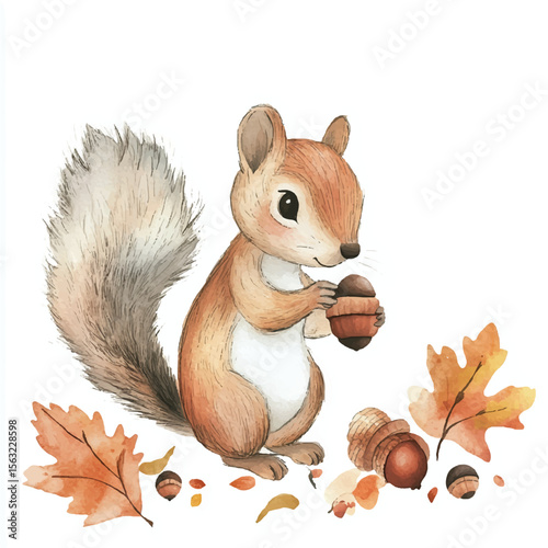 Watercolor Squirrel Holding Acorn Surrounded by Autumn Leaves and Nuts