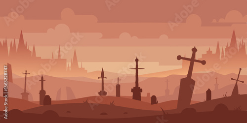 Ancient Battlefield Covered In Fog And Rusted Sword