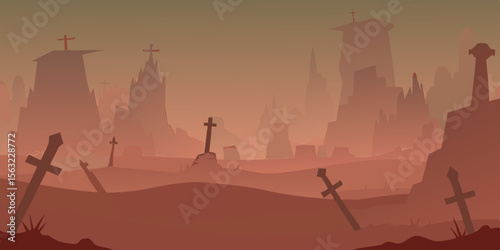 Ancient Battlefield Covered In Fog And Rusted Sword